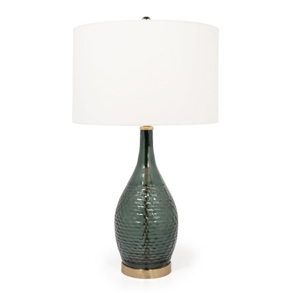 HomeRoots 27" Blue-Green Glass LED Table Lamp - Hand-Blown Design with White Shade & Elegant Gold Accents 528693
