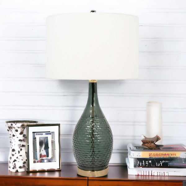 HomeRoots 27" Blue-Green Glass LED Table Lamp - Hand-Blown Design with White Shade & Elegant Gold Accents 528693