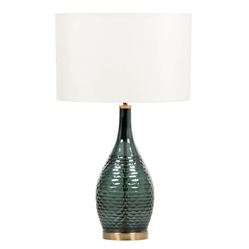HomeRoots 27" Blue-Green Glass LED Table Lamp - Hand-Blown Design with White Shade & Elegant Gold Accents 528693