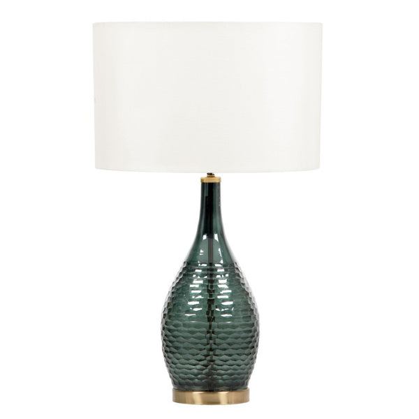 HomeRoots 27" Blue-Green Glass LED Table Lamp - Hand-Blown Design with White Shade & Elegant Gold Accents 528693
