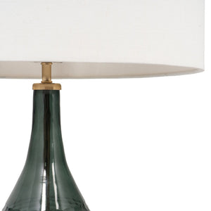 HomeRoots 27" Blue-Green Glass LED Table Lamp - Hand-Blown Design with White Shade & Elegant Gold Accents 528693