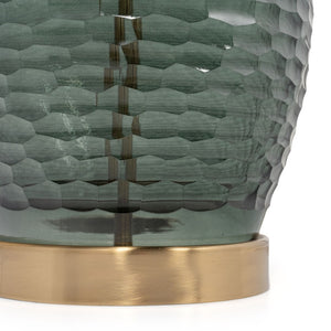 HomeRoots 27" Blue-Green Glass LED Table Lamp - Hand-Blown Design with White Shade & Elegant Gold Accents 528693