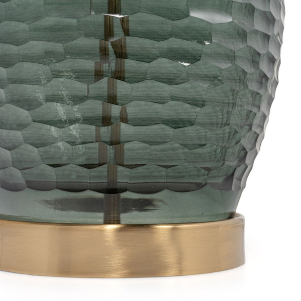 HomeRoots 27" Blue-Green Glass LED Table Lamp - Hand-Blown Design with White Shade & Elegant Gold Accents 528693