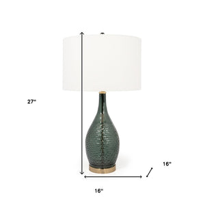 HomeRoots 27" Blue-Green Glass LED Table Lamp - Hand-Blown Design with White Shade & Elegant Gold Accents 528693