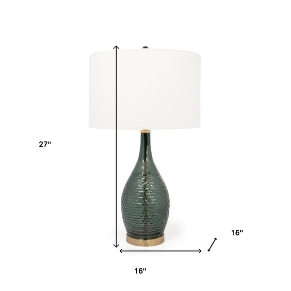 HomeRoots 27" Blue-Green Glass LED Table Lamp - Hand-Blown Design with White Shade & Elegant Gold Accents 528693