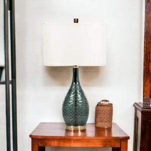 HomeRoots 27" Blue-Green Glass LED Table Lamp - Hand-Blown Design with White Shade & Elegant Gold Accents 528693