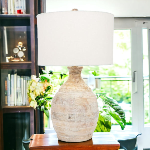 HomeRoots 27" Blanched Almond Solid Wood Table Lamp with White Drum Shade for Coastal-Inspired Décor 528694