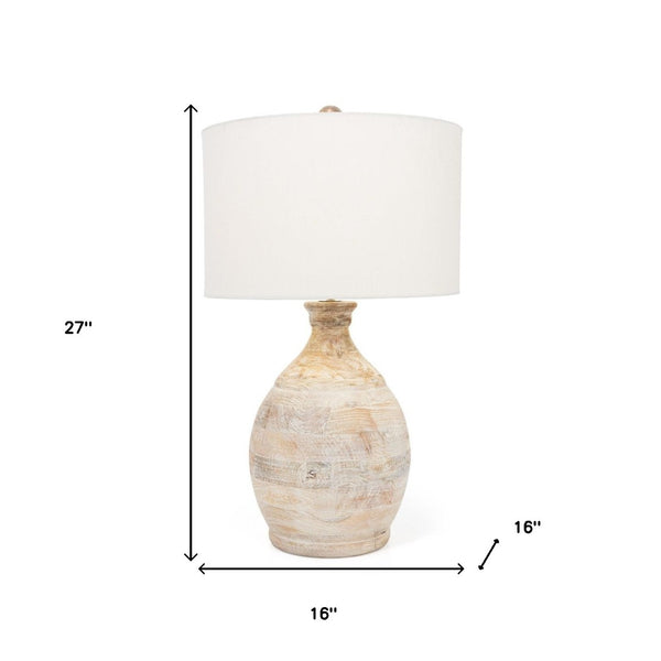 HomeRoots 27" Blanched Almond Solid Wood Table Lamp with White Drum Shade for Coastal-Inspired Décor 528694