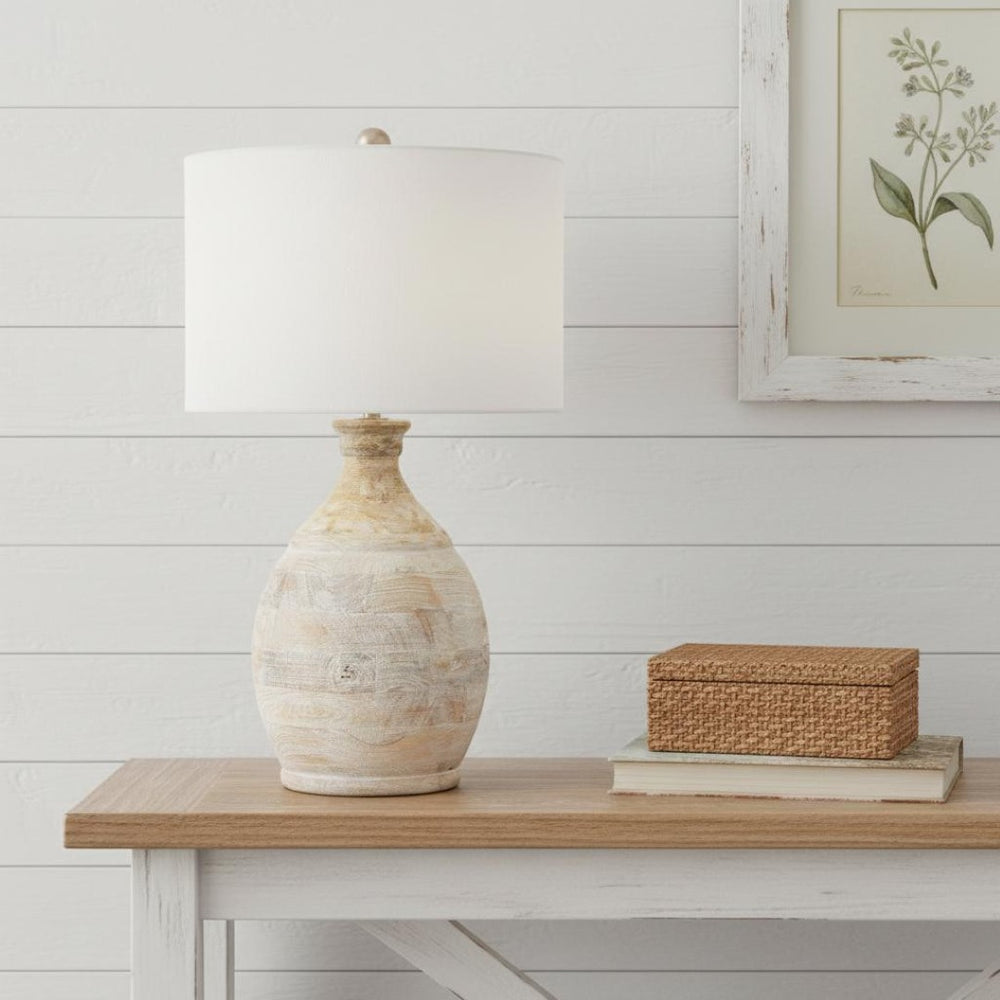 HomeRoots 27" Blanched Almond Solid Wood Table Lamp with White Drum Shade for Coastal-Inspired Décor 528694