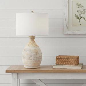 HomeRoots 27" Blanched Almond Solid Wood Table Lamp with White Drum Shade for Coastal-Inspired Décor 528694