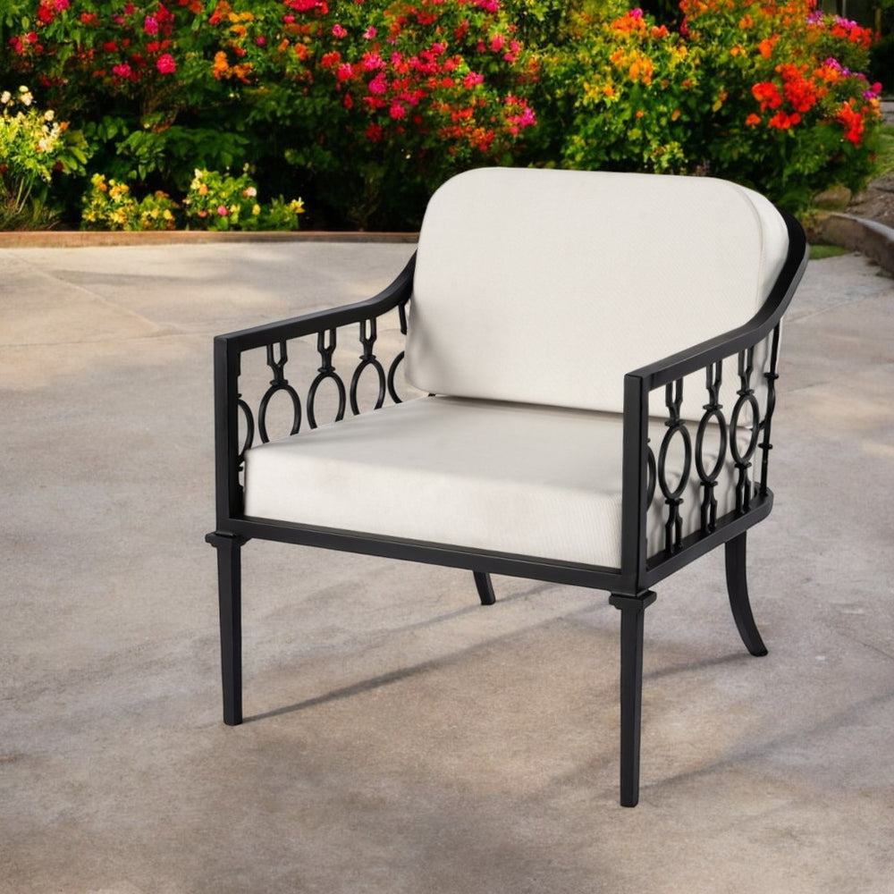 Homeroots 26" Black Metal Outdoor Arm Chair With Ivory Cushion – Stylish, Durable, And Comfort-adjustable Seating  Iron 528695