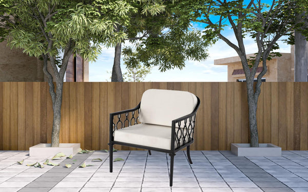 Homeroots 26" Black Metal Outdoor Arm Chair With Ivory Cushion – Stylish, Durable, And Comfort-adjustable Seating  Iron 528695