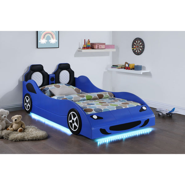English Elm Solana Race Car Twin Bed with LED Underglow Lights, Padded Headboard & Realistic Wheels for Kids B062S01110