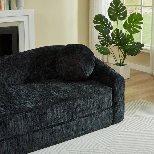English Elm 86-inch Curved Chenille Convertible Sofa Recliner Frameless Folding Two-seater for Living Room Black W3505P452820