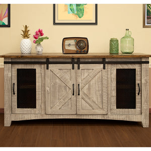 Homeroots 70" Gray Solid Wood Cabinet Enclosed Storage Distressed Tv Stand  Solid Wood 528702