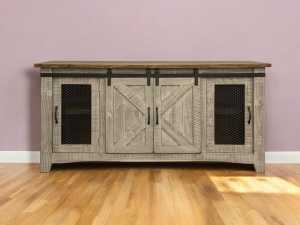 Homeroots 70" Gray Solid Wood Cabinet Enclosed Storage Distressed Tv Stand  Solid Wood 528702