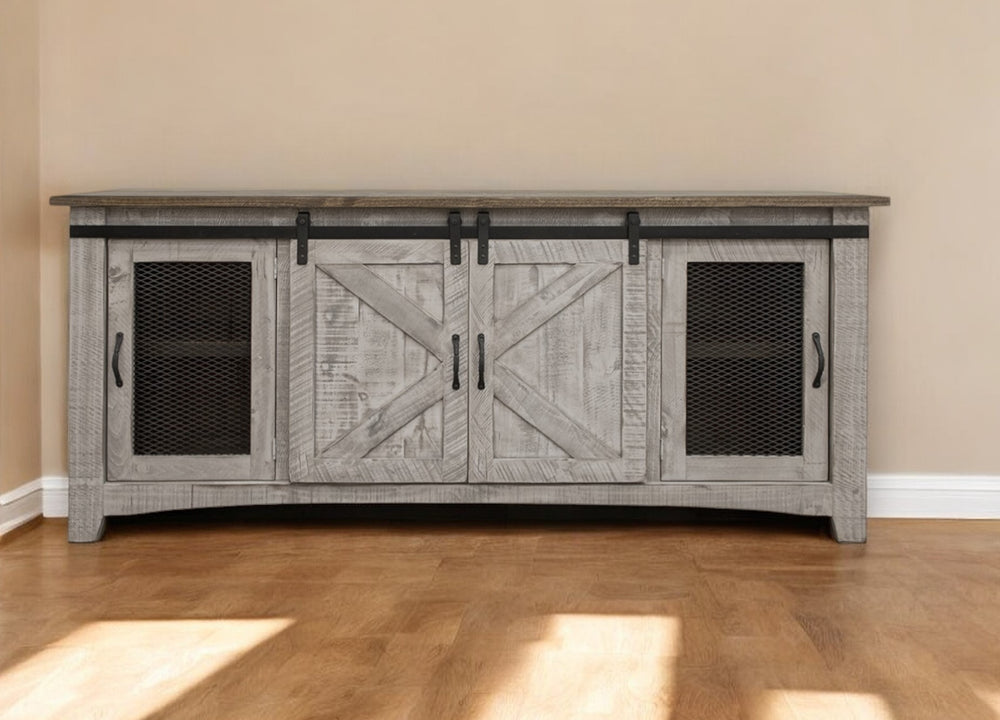 Homeroots 79" Gray Solid Wood Cabinet Enclosed Storage Distressed Tv Stand  Solid Wood 528703