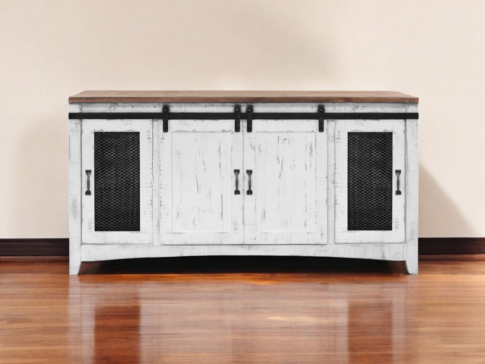 Homeroots 68" White Solid Wood Cabinet Enclosed Storage Distressed Tv Stand  Solid Wood 528704