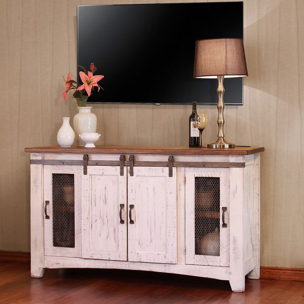 Homeroots 60" White Solid Wood Cabinet Enclosed Storage Distressed Tv Stand  Solid Wood 528705