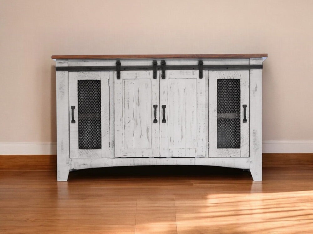 Homeroots 60" White Solid Wood Cabinet Enclosed Storage Distressed Tv Stand  Solid Wood 528705
