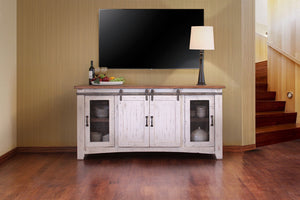 HomeRoots 70" Distressed White Solid Wood TV Cabinet with Enclosed Storage & Rustic Charm for Any Space 528706