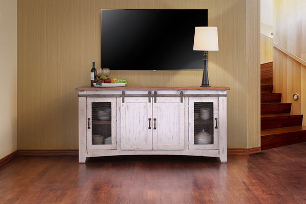 HomeRoots 70" Distressed White Solid Wood TV Cabinet with Enclosed Storage & Rustic Charm for Any Space 528706