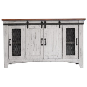 HomeRoots 70" Distressed White Solid Wood TV Cabinet with Enclosed Storage & Rustic Charm for Any Space 528706