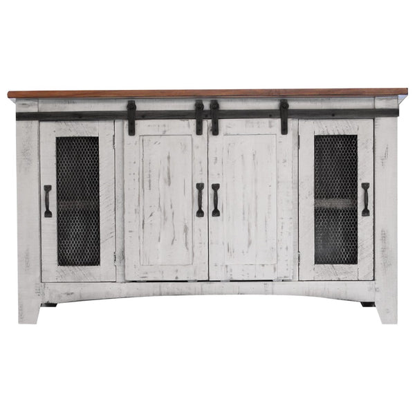 HomeRoots 70" Distressed White Solid Wood TV Cabinet with Enclosed Storage & Rustic Charm for Any Space 528706