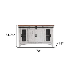 HomeRoots 70" Distressed White Solid Wood TV Cabinet with Enclosed Storage & Rustic Charm for Any Space 528706