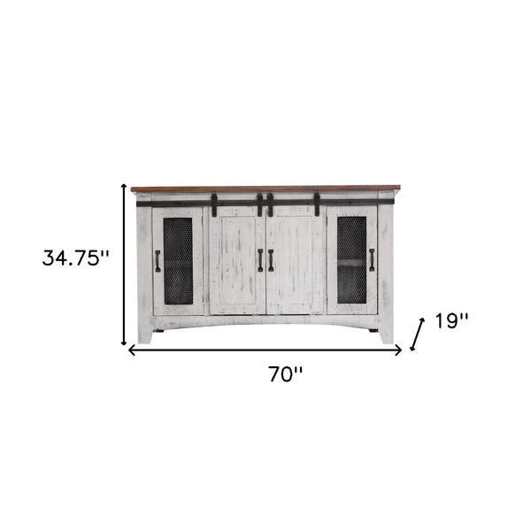 HomeRoots 70" Distressed White Solid Wood TV Cabinet with Enclosed Storage & Rustic Charm for Any Space 528706