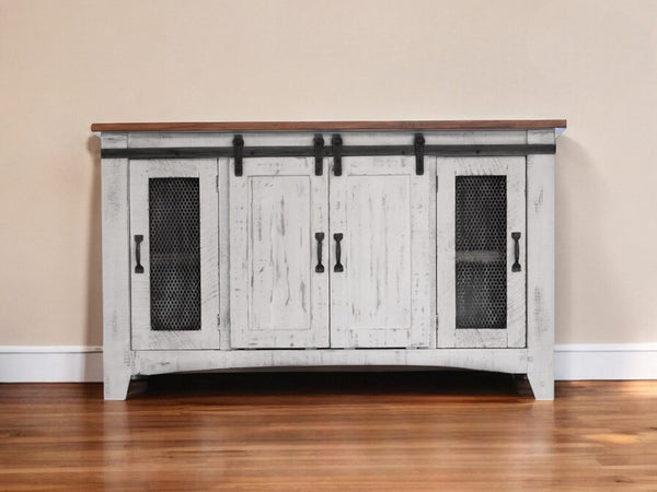 HomeRoots 70" Distressed White Solid Wood TV Cabinet with Enclosed Storage & Rustic Charm for Any Space 528706