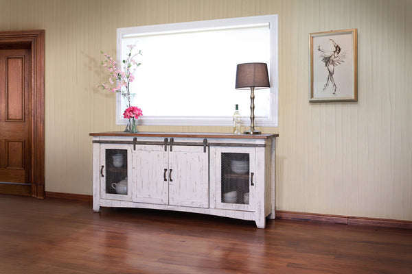 HomeRoots 79" Distressed White Solid Wood Cabinet – Stylish TV Stand with Enclosed Storage & Cable Management 528707