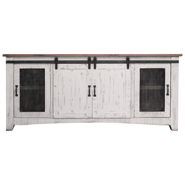 HomeRoots 79" Distressed White Solid Wood Cabinet – Stylish TV Stand with Enclosed Storage & Cable Management 528707