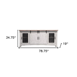 HomeRoots 79" Distressed White Solid Wood Cabinet – Stylish TV Stand with Enclosed Storage & Cable Management 528707