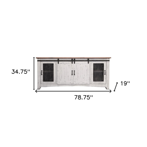 HomeRoots 79" Distressed White Solid Wood Cabinet – Stylish TV Stand with Enclosed Storage & Cable Management 528707