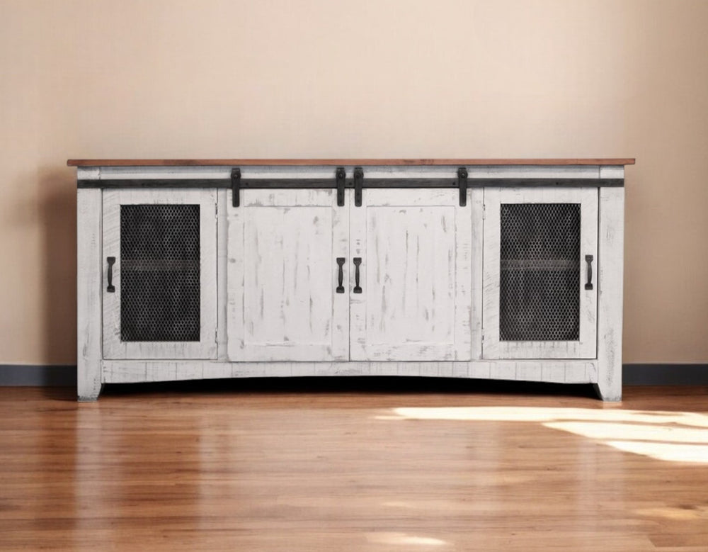 Homeroots 79" White Solid Wood Cabinet Enclosed Storage Distressed Tv Stand  Solid Wood 528707