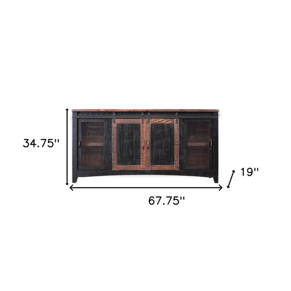 HomeRoots 68" Black Solid Wood TV Stand - Rustic Distressed Cabinet with Hidden Storage & Versatile Design 528708
