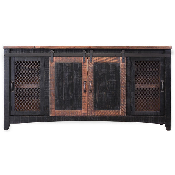 HomeRoots 68" Black Solid Wood TV Stand - Rustic Distressed Cabinet with Hidden Storage & Versatile Design 528708