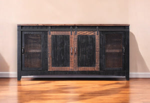 HomeRoots 68" Black Solid Wood TV Stand - Rustic Distressed Cabinet with Hidden Storage & Versatile Design 528708