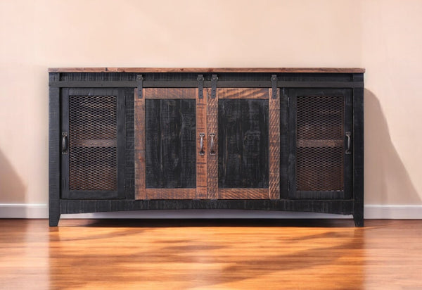 HomeRoots 68" Black Solid Wood TV Stand - Rustic Distressed Cabinet with Hidden Storage & Versatile Design 528708