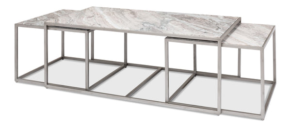 Sarreid Set Of 3 Nesting Tables With Elegant Marble Tops And Silver Antique Finish For Stylish Living Spaces Silver  52871