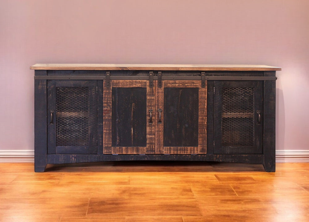 Homeroots 70" Black Solid Wood Cabinet Enclosed Storage Distressed Tv Stand  Solid Wood 528710