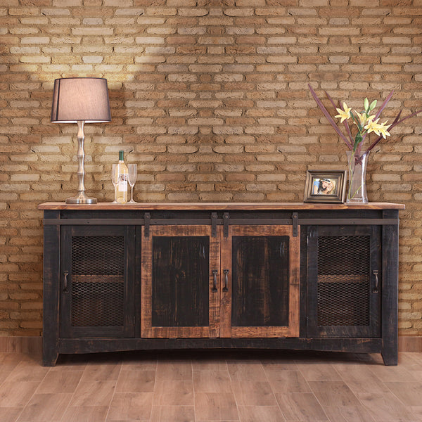 Homeroots 79" Black Solid Wood Cabinet Enclosed Storage Distressed Tv Stand  Solid Wood 528711