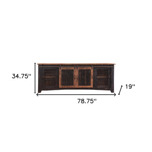 Homeroots 79" Black Solid Wood Cabinet Enclosed Storage Distressed Tv Stand  Solid Wood 528711