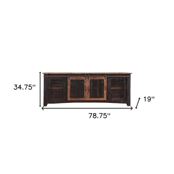 Homeroots 79" Black Solid Wood Cabinet Enclosed Storage Distressed Tv Stand  Solid Wood 528711