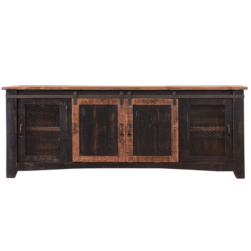 Homeroots 79" Black Solid Wood Cabinet Enclosed Storage Distressed Tv Stand  Solid Wood 528711