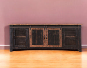 Homeroots 79" Black Solid Wood Cabinet Enclosed Storage Distressed Tv Stand  Solid Wood 528711