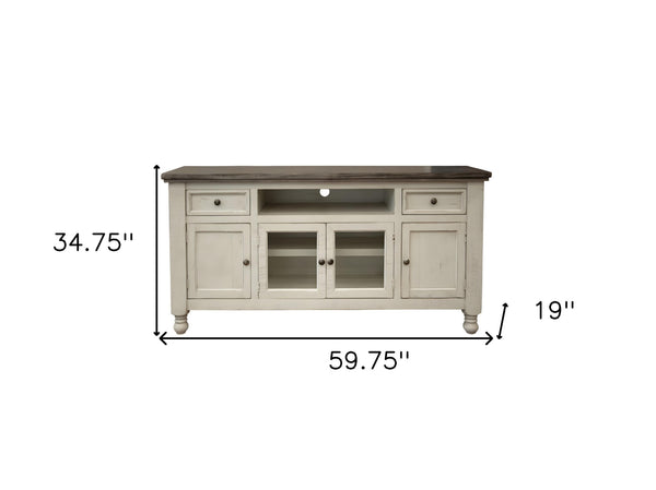 Homeroots 60" Ivory Solid Wood Open Shelving Distressed Tv Stand  Solid Wood 528712