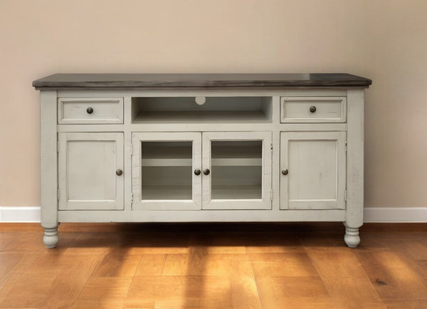 Homeroots 60" Ivory Solid Wood Open Shelving Distressed Tv Stand  Solid Wood 528712