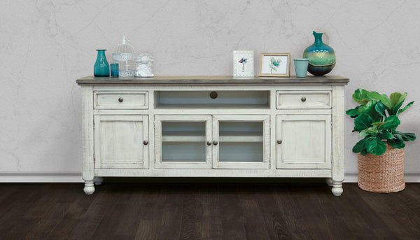 HomeRoots 79" Ivory Solid Pine TV Stand - Distressed Finish, Open Shelving & Versatile Storage for Any Room 528714